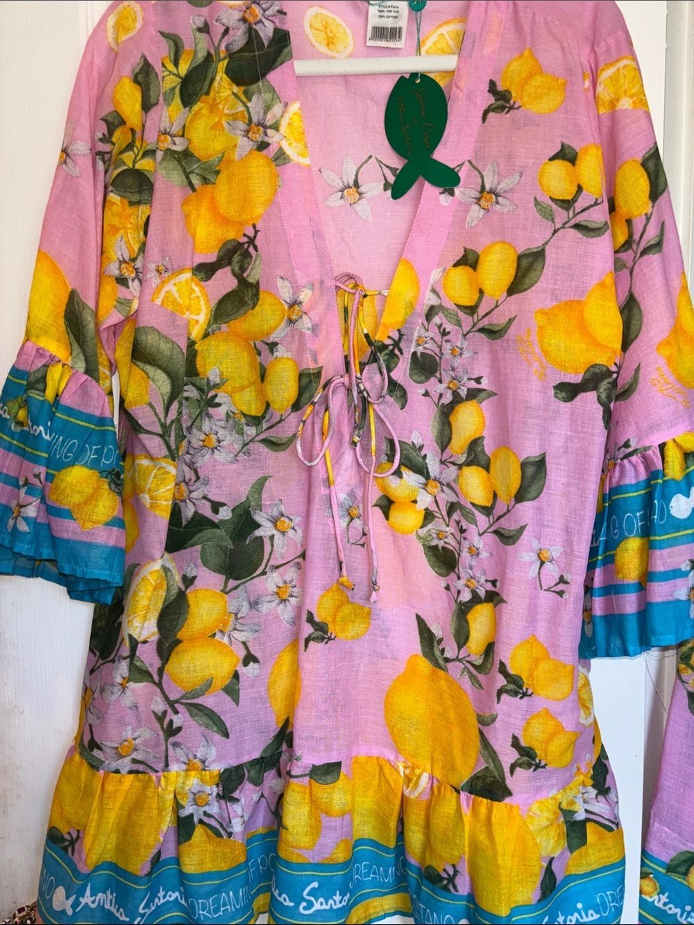 ANTICA SARTORIA NWTS PINK BLUE COTTON DRESS WITH LEMON PRINT V NECK WITH 2 TIES